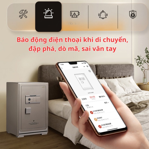 Két sắt Aipu có báo động về điện thoại khi: di chuyển, đập phá, dò mã số, sai vân tay. Khóa bàn phím 180S